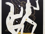 un dessin en noir et blanc représentant trois personnes sur un fond noir