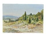 watercolor painting of a dirt road with trees and hills in the background