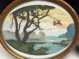 a picture of a painting of a tree by the water