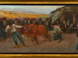 tableau représentant un homme menant une vache dans un village