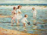 painting of a group of children playing in the water at the beach