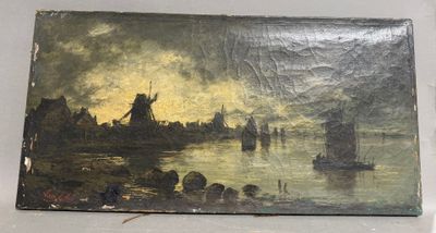 peinture représentant un paysage avec un moulin à vent et des bateaux sur l'eau
