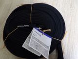 a black rope with a tag attached to it