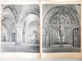 an old photo of an open book with pictures of a building