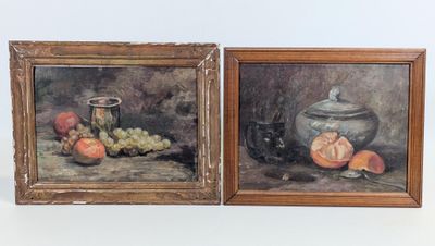 two paintings of fruit and a vase on a table with a white background