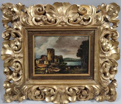 an image of a painting of a castle in a gold frame