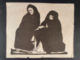 an old picture of two women in black robes sitting on the ground