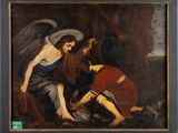 an image of a painting of a man kneeling down next to an angel