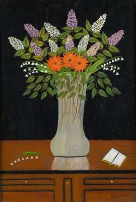 a painting of a vase of flowers on a table