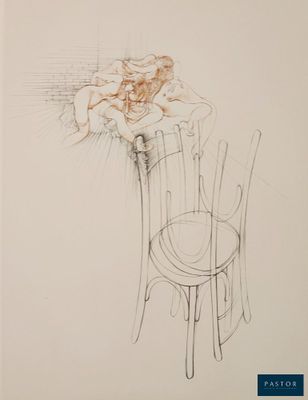 un dessin représentant une chaise sur laquelle est posée une fleur
