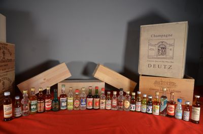 Plusieurs bouteilles d'alcool sont alignées sur une nappe rouge