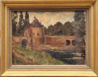an oil painting of a bridge over a river with a castle in the background
