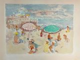une peinture représentant une scène de plage avec des gens sur le sable