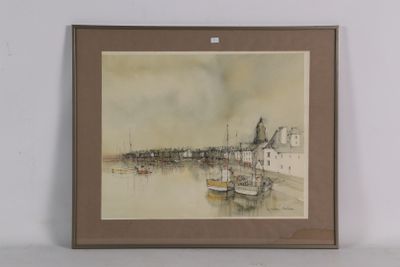 aquarelle encadrée représentant une scène de port avec des bateaux sur l'eau