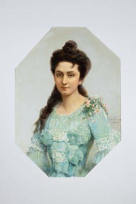 portrait of a woman in a blue dress in a white frame