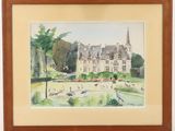 framed watercolor painting of a view of a castle in a park