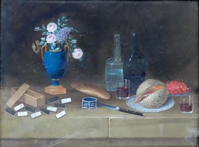 une peinture représentant une nature morte avec du pain et une bouteille de vin