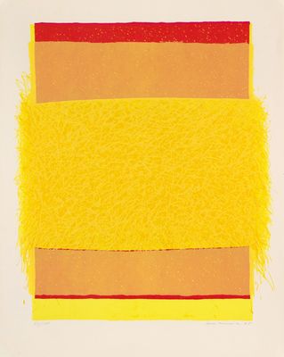 an image of a painting of yellow, red, and orange stripes