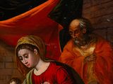 painting of a woman holding a baby in a manger next to a manger