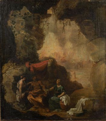 an oil painting on canvas of a group of people in a cave