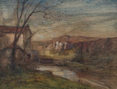 une image représentant un tableau représentant un paysage avec une rivière au premier plan et un bâtiment à l'arrière-plan
