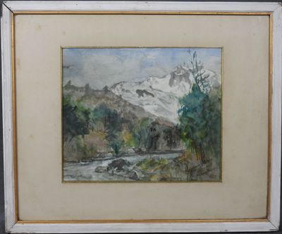 une image représentant un tableau représentant un paysage de montagne, dans un cadre