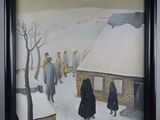 painting of people walking down a snowy street in front of a house