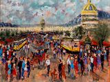 tableau représentant une foule de personnes marchant dans une rue devant un immeuble