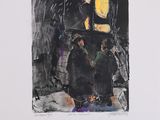 une image représentant une peinture noire et jaune sur un mur blanc