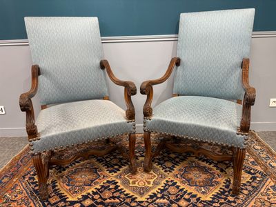 pair of 19th century carved oak armchairs with blue upholstered upholstered upholstered upholstered upholstered upholstered