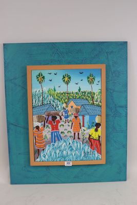 painting of a group of people on a beach with palm trees in the background