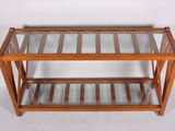 an image of a wooden and glass coffee table