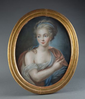 a painting of a woman in a blue dress holding a red shaw