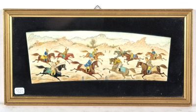 painting of a group of people riding horses in a desert
