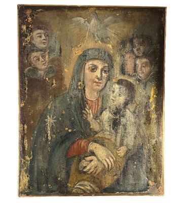 une peinture ancienne représentant une femme tenant un enfant dans ses bras