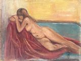 an oil painting of a woman laying on a couch with a red blanket