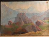 une peinture à l'huile représentant un paysage de montagne, avec des rochers au premier plan et le ciel en arrière-plan