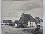 an old photo of a village with thatched roofs and a dirt road