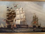 une peinture à l'huile représentant deux navires sur un plan d'eau