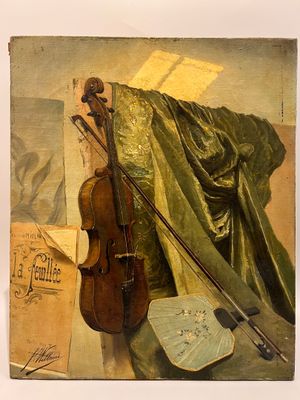 un tableau représentant un violon et une partition posés sur une table