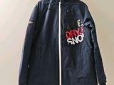 navy blue jacket with red and white logo on it hanging on a hanger
