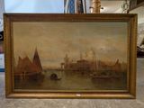 une image représentant un tableau d'un bateau dans un port, avec un bâtiment en arrière-plan