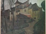 an image of a painting of a street with houses in the background