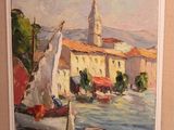 a picture of a painting of boats on the water