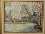 an oil painting of a snowy landscape with a house in the background