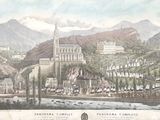 un dessin représentant une vue d'une ville avec une montagne en arrière-plan