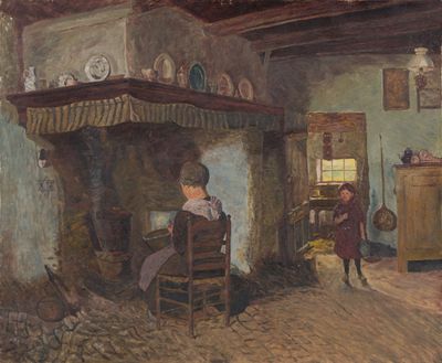 a painting of a woman sitting in a chair by a fireplace