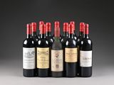 six bottles of wine lined up in a row on a table