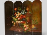 tableau représentant un vase de fleurs posé sur une table, à côté d'un vase rempli de fruits