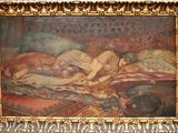 tableau représentant une femme endormie sur un lit, accompagnée d'un chien